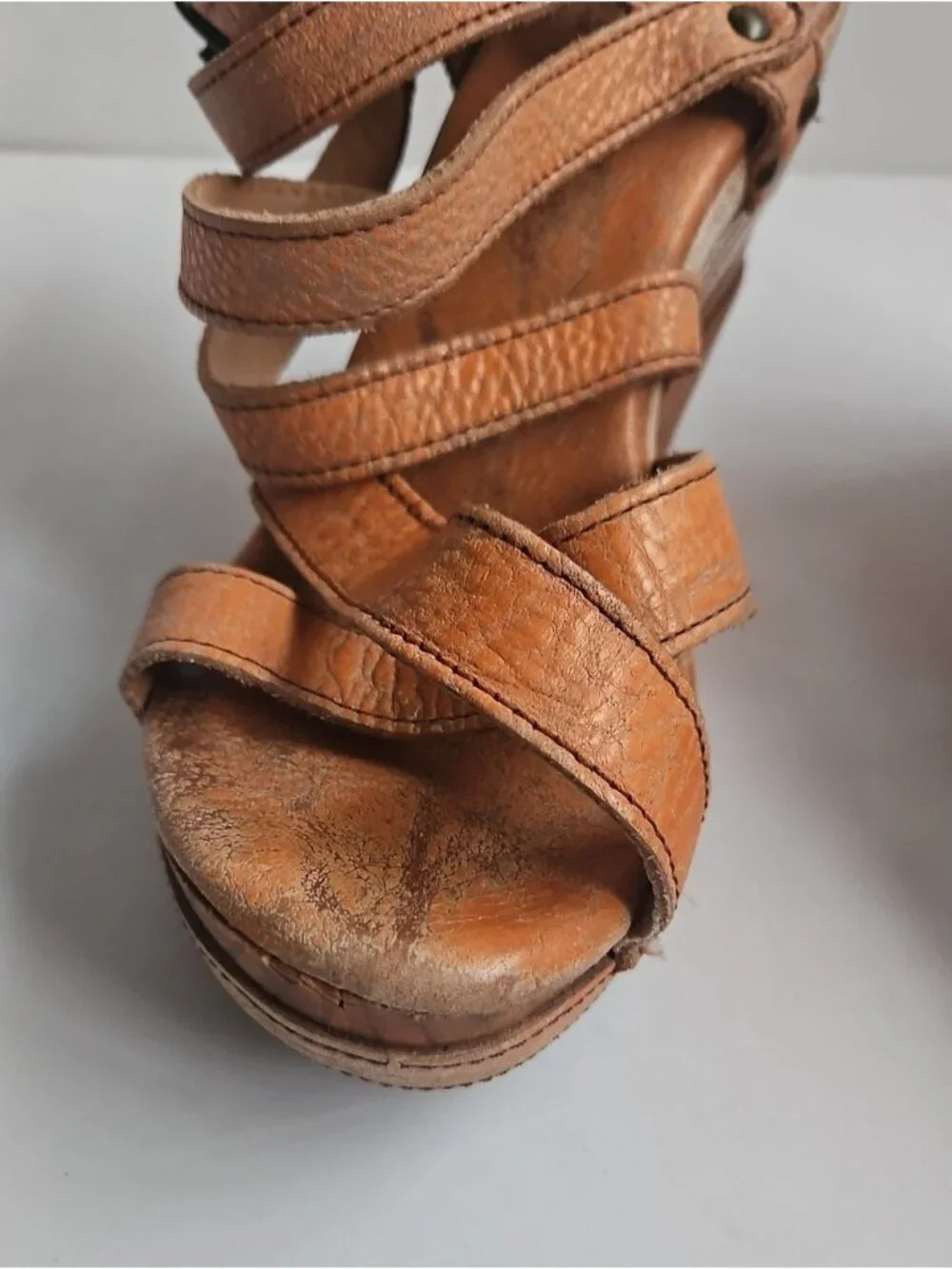 Bed Stu Distressed Orange Leather Strappy Juliana Wedge Sandals